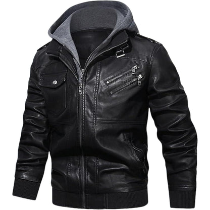 Men's Black Hooded Leather Jacket